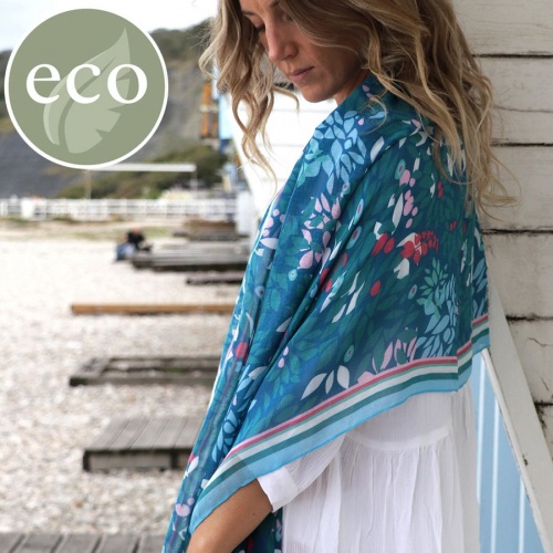 Recycled Blue, Teal & Raspberry Leaf Print Scarfby Peace of Mind
